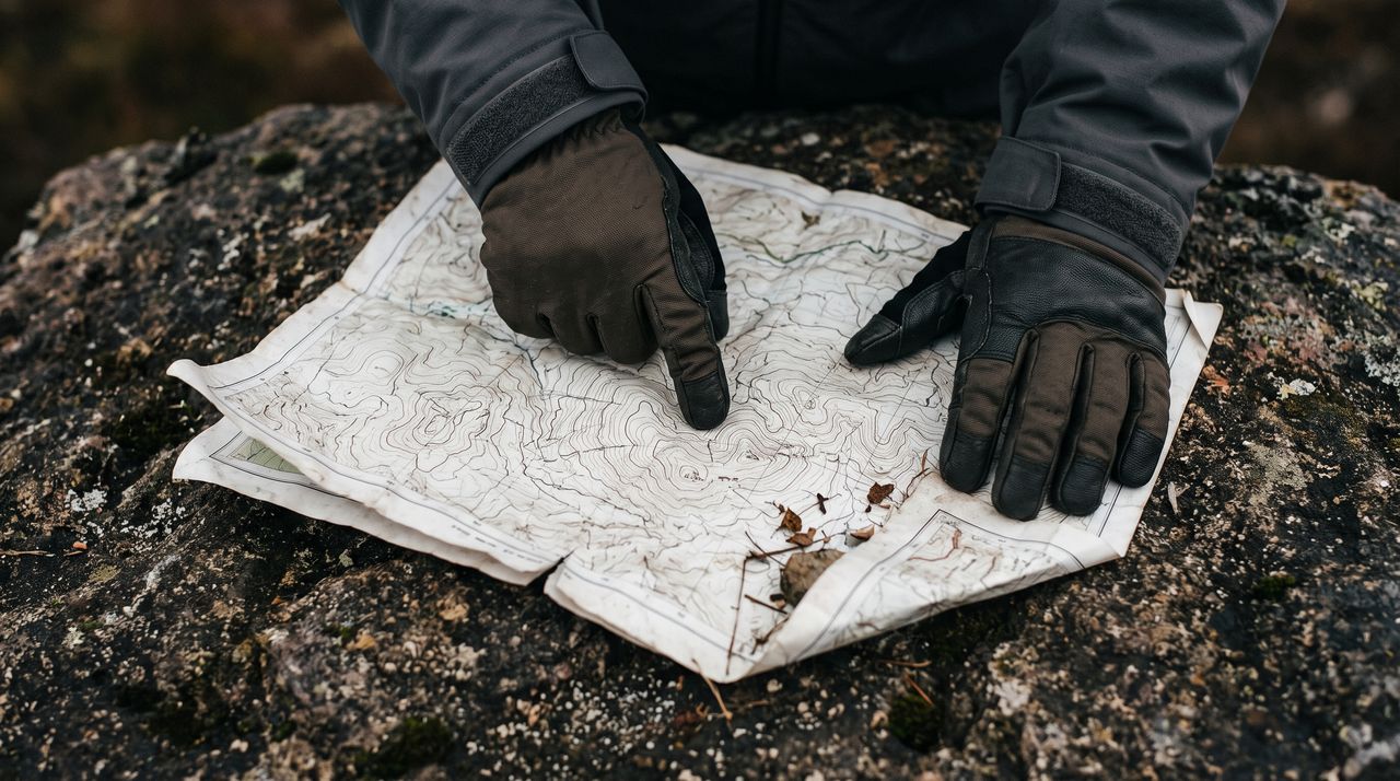 Händer i arbetshandskar pekar på en topografisk karta utbredd på en mossig sten.