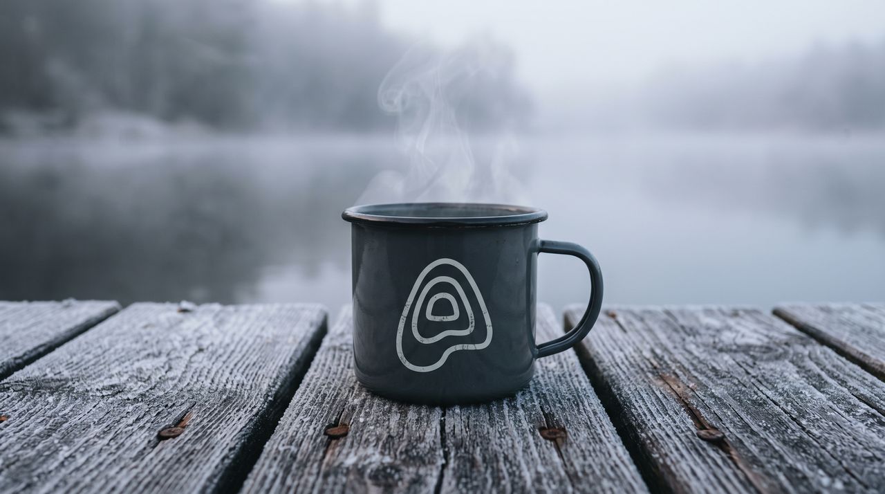 Ångande emaljmugg med Altituds logotyp på en frostig brygga, en dimmig morgon vid sjön.